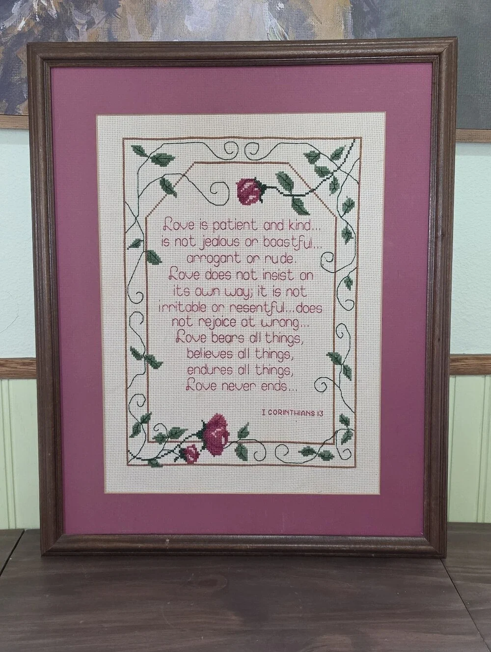 Vintage Framed & Matted Cross Stitch Verse 1 Corinthians 13 